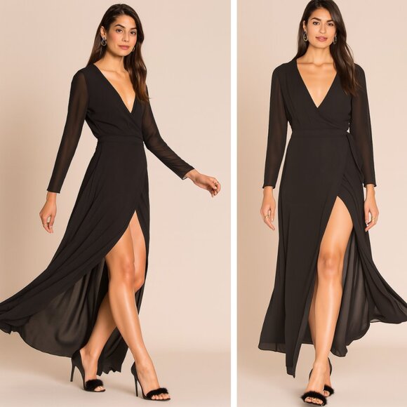 NEW LPA The Label Dress 74 Maxi Wrap Black Wedding Cocktail Georgette Minimalist - Picture 1 of 10